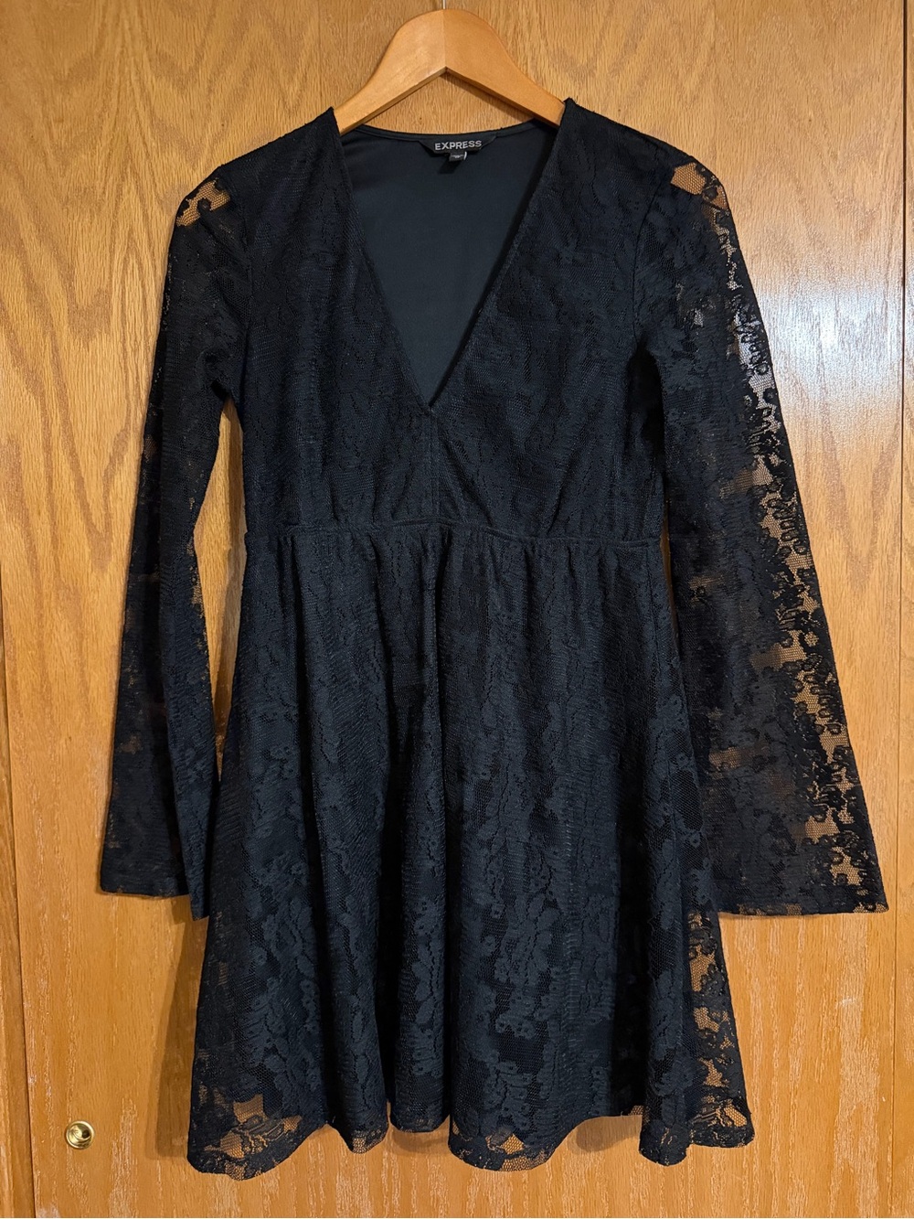 Express Black Lace V-Neck Long Sleeve Skater Dress